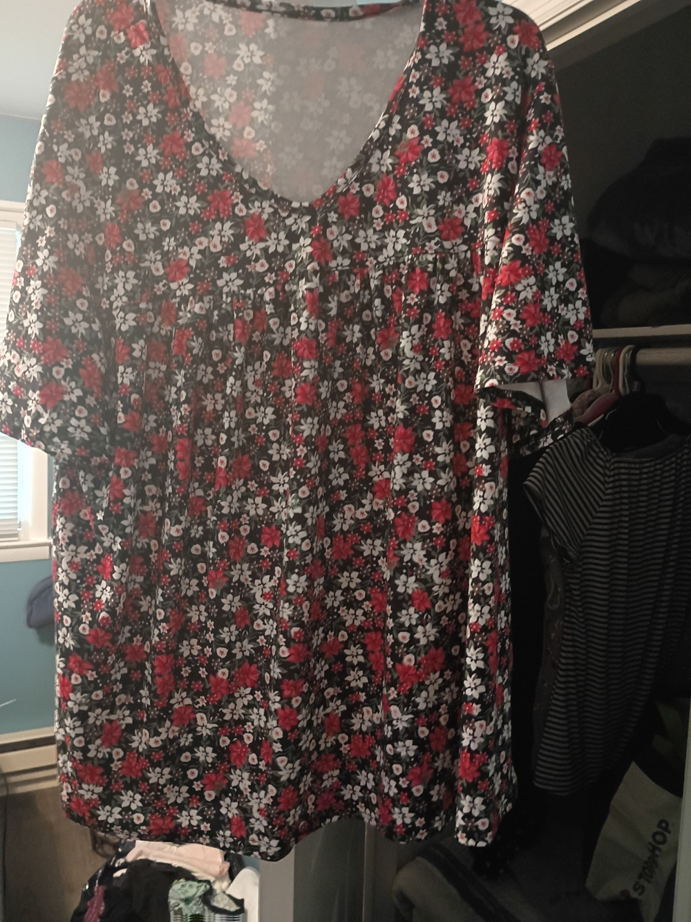 Womenβs Floral Scoop Neck Dress - Black with Red & White Flowers